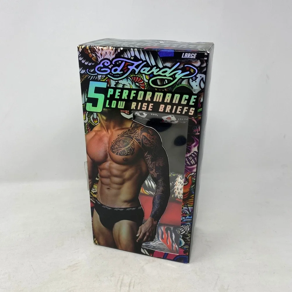Ed Hardy Mens 5 Pack Performance Low Rise Briefs Multicolor Tattoo Print Large